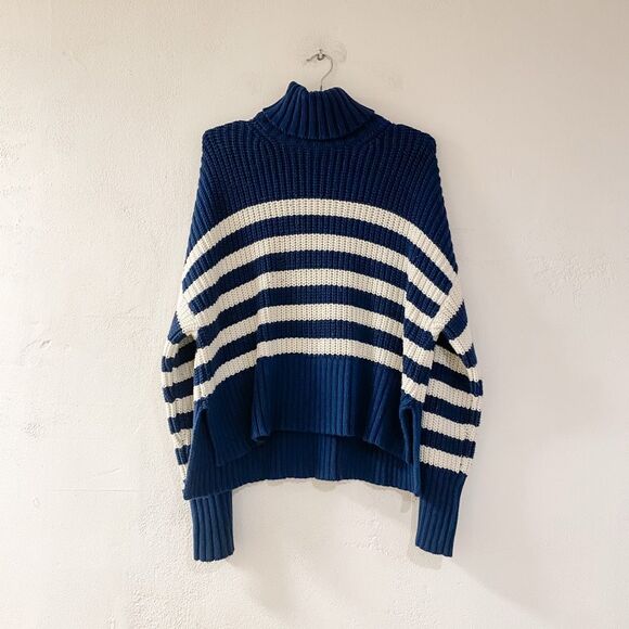 Madewell Wide Rib Turtleneck Sweater in Classic Indigo Stripe Medium - Picture 2 of 8